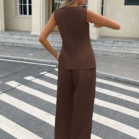 Brown Casual Women's Plain Front Button Sleeveless Top And Long Pants Set - Picture 2 of 8